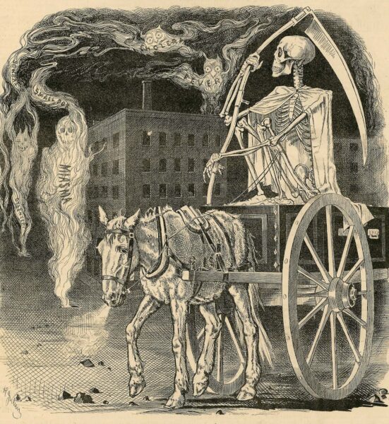 A depiction of clouds of miasma entering a town at night in the 19th century.