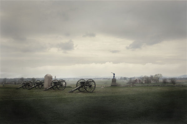 Monuments and cannon cover a portion of the Gettysburg National Military Park.